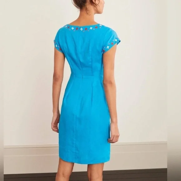 Boden Laura Linen Blue Lagoon Shift Dress Floral Embroidered Size 2R - Picture 2 of 16